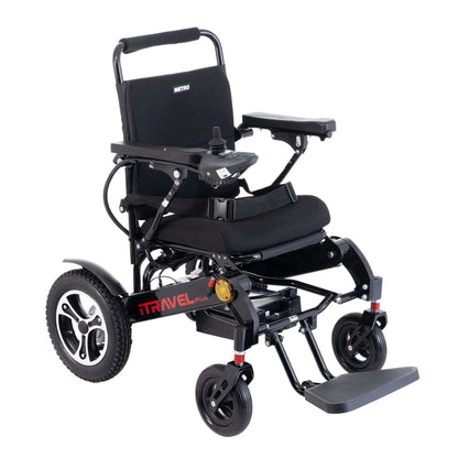 Metro Mobility iTravel Plus Electric Wheelchair - front right side Birdseye view black