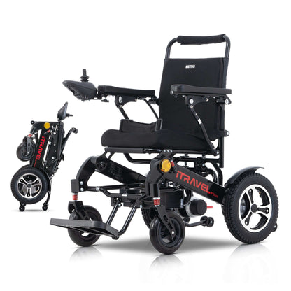 Metro Mobility iTravel Plus Electric Wheelchair - front left side angle view plus folded view black