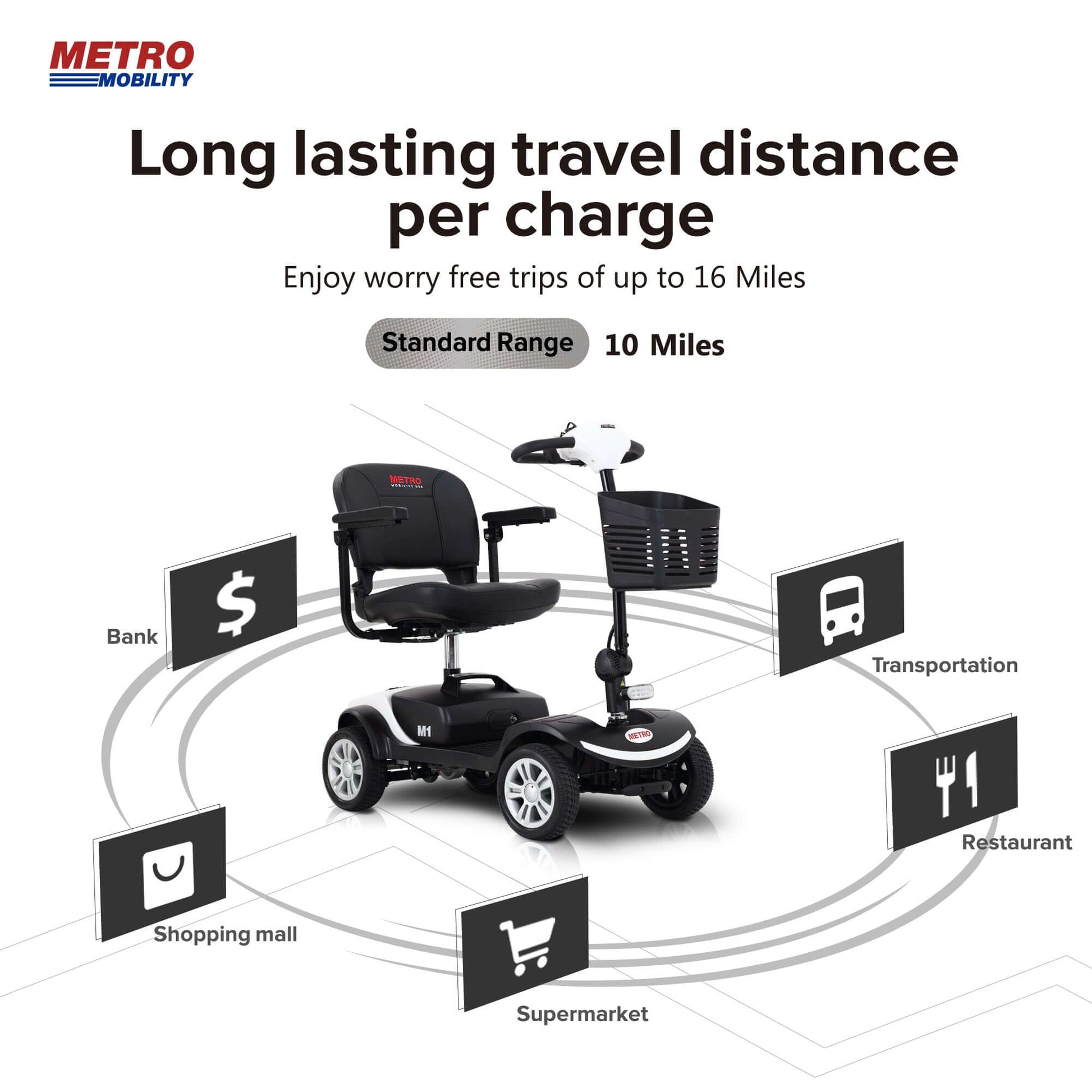 Metro Mobility M1 Mobility Scooter - battery life details and specifications brochure 