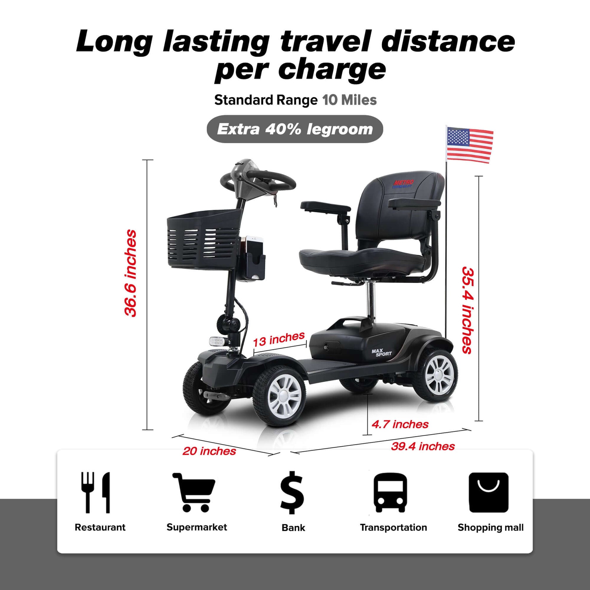 Metro Mobility Max Sport Mobility Scooter - travel distance and specifications brochure 