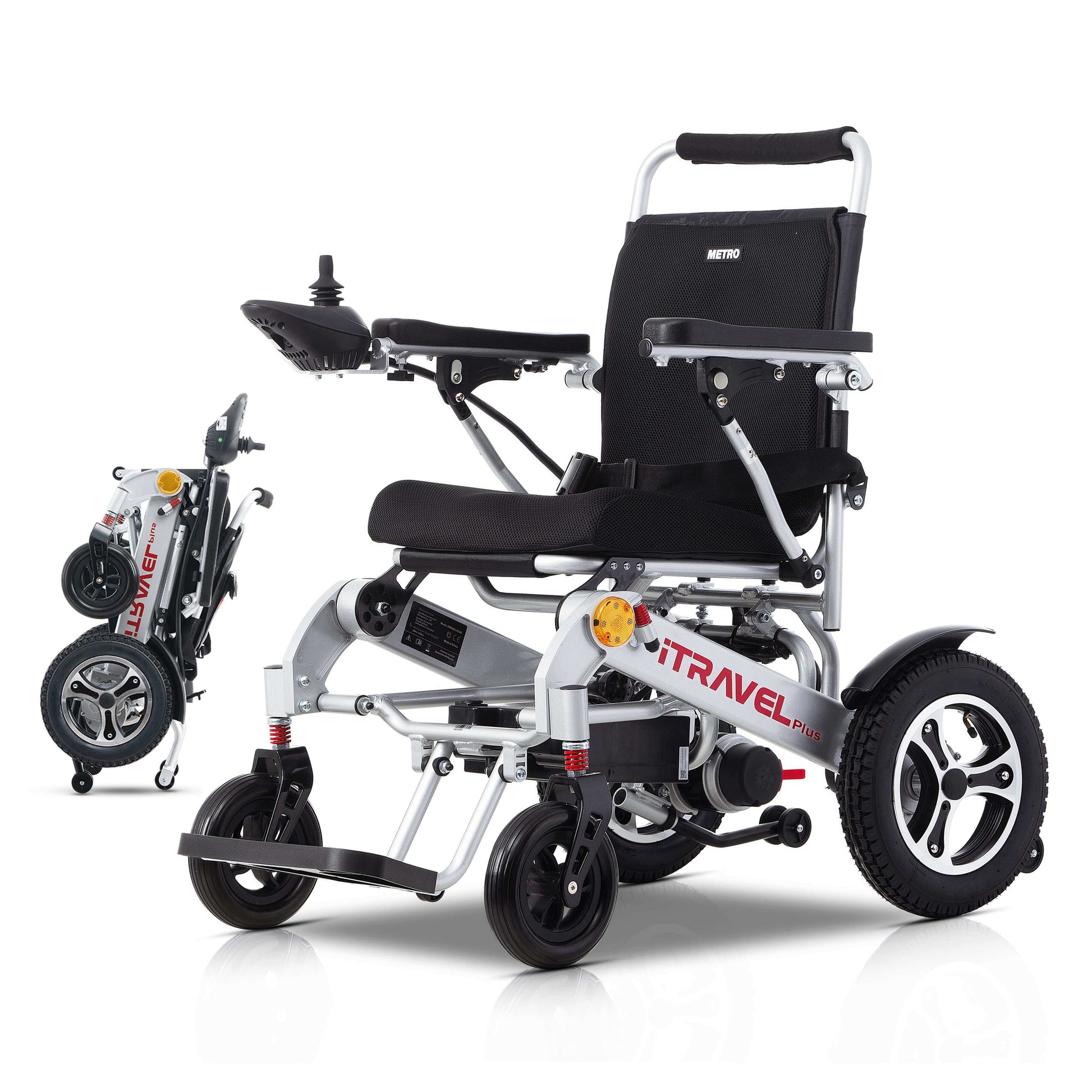 Metro Mobility iTravel Plus Electric Wheelchair - front left side angle plus folded view silver