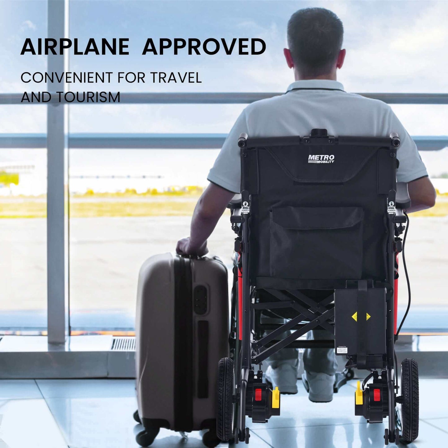 Metro Mobility iTravel Lite Electric Wheelchair - airplane approved brochure rear view with model