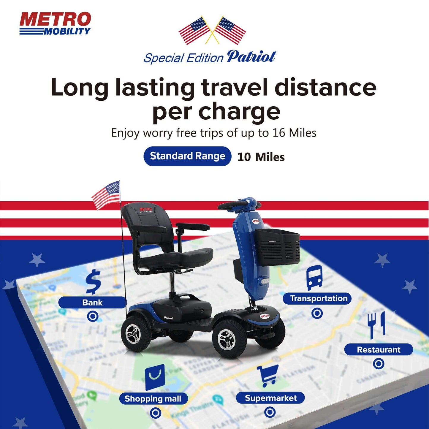 Metro Mobility Patriot Mobility Scooter - travel distance brochure