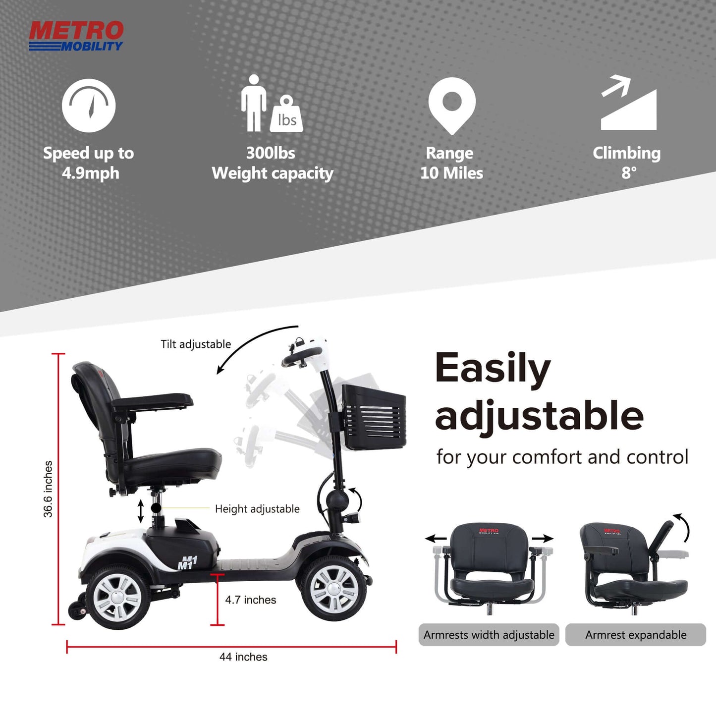 Metro Mobility M1 Mobility Scooter - adjustments and additional features brochure