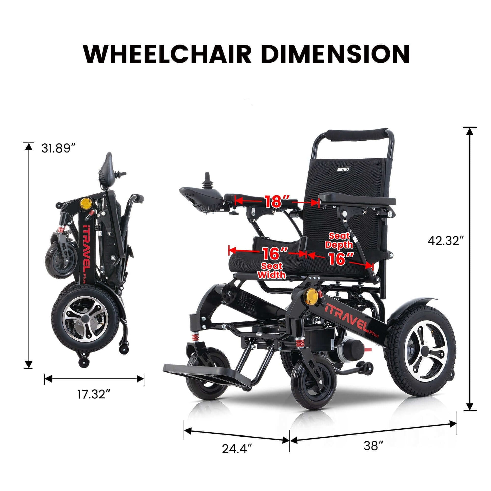 Metro Mobility iTravel Plus Electric Wheelchair - dimensions 