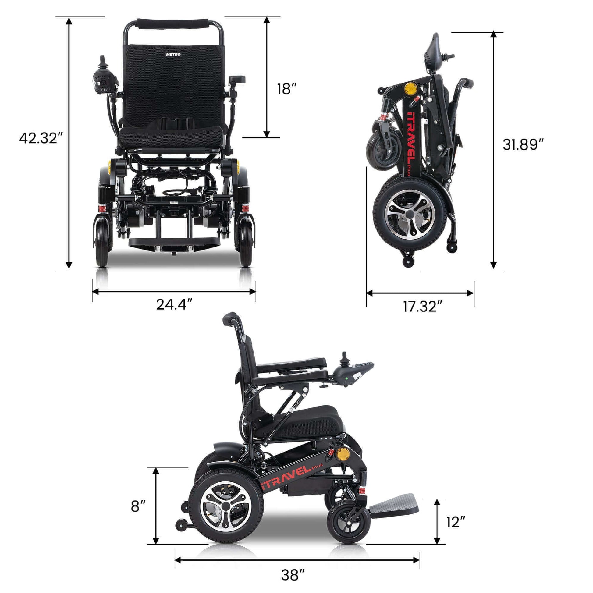 Metro Mobility iTravel Plus Electric Wheelchair - size specifications 