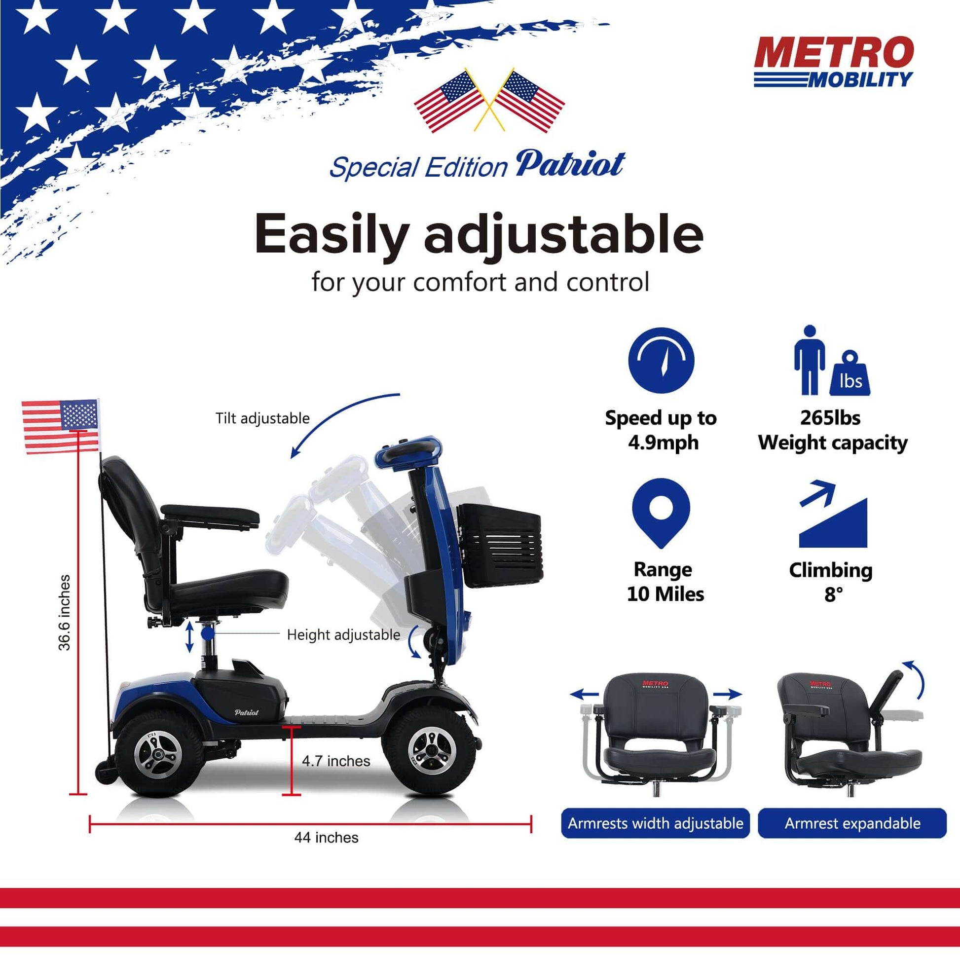 Metro Mobility Patriot Mobility Scooter - adjustment and specification brochure