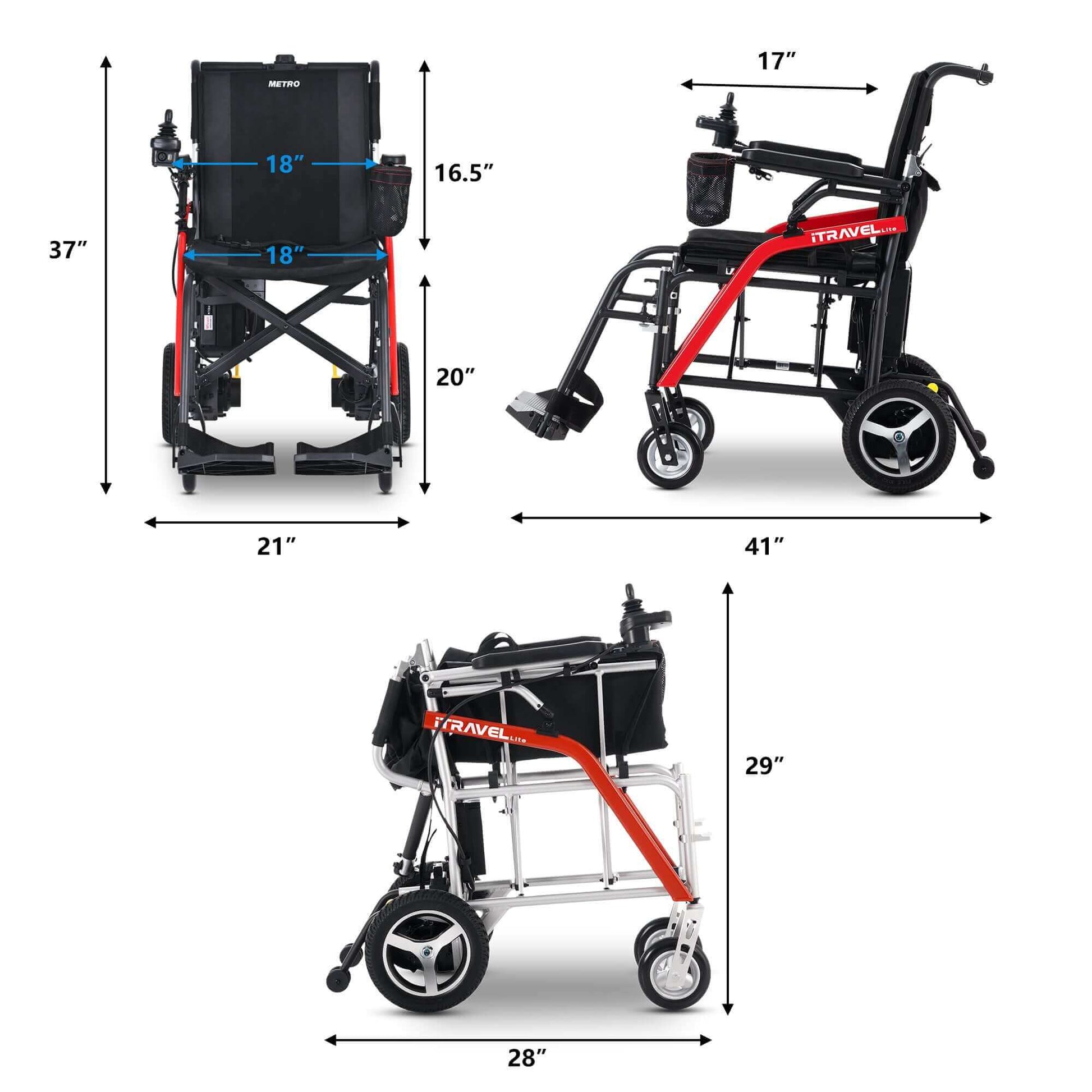 Metro Mobility iTravel Lite Electric Wheelchair - dimensions multiple views