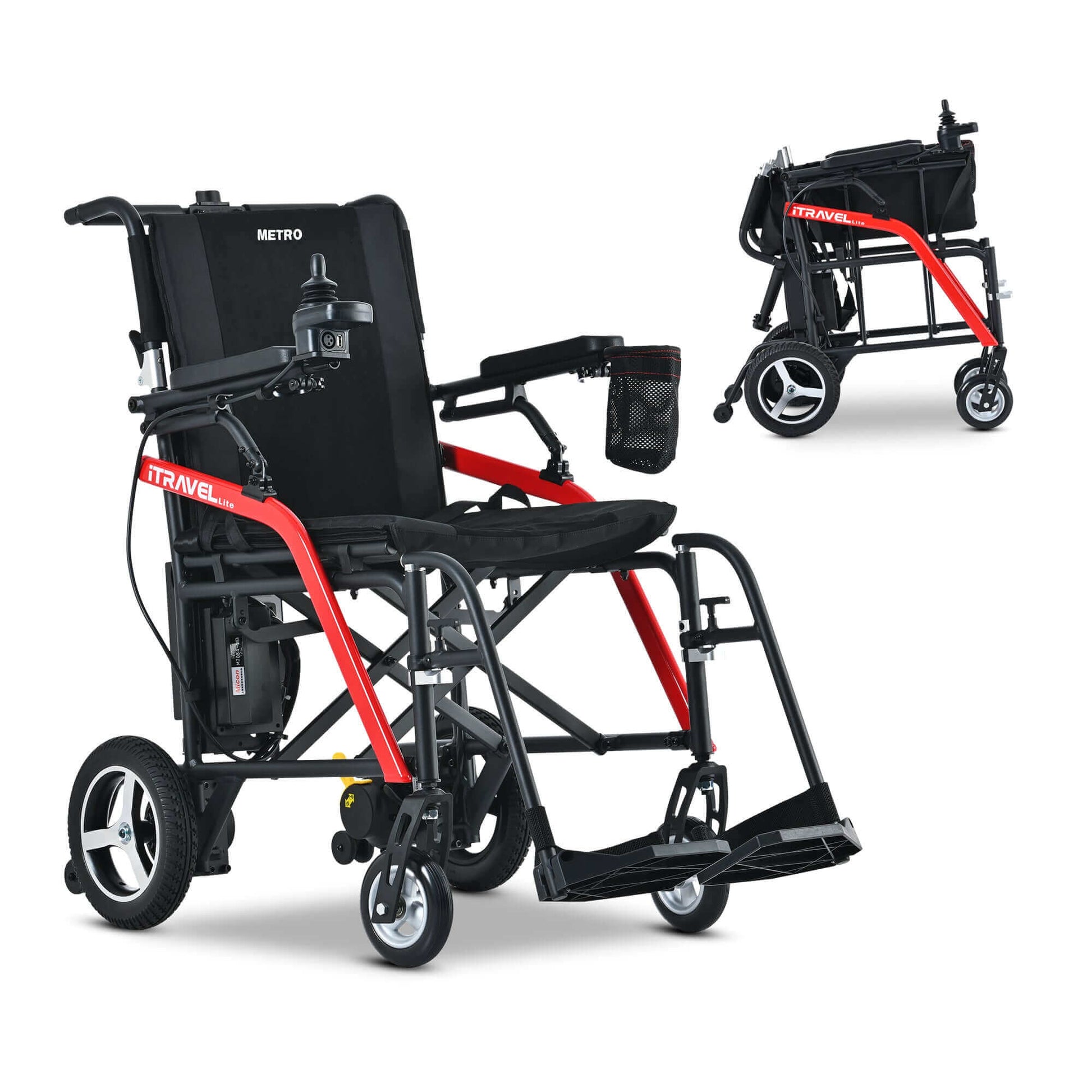 Metro Mobility iTravel Lite Electric Wheelchair - front right side angle view with folded view black