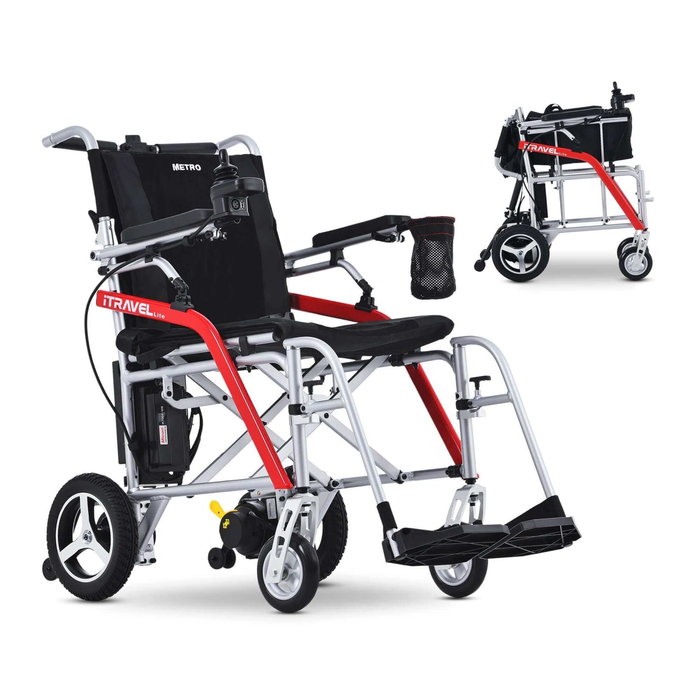 Metro Mobility iTravel Lite Electric Wheelchair - front right side angle view plus folded view silver