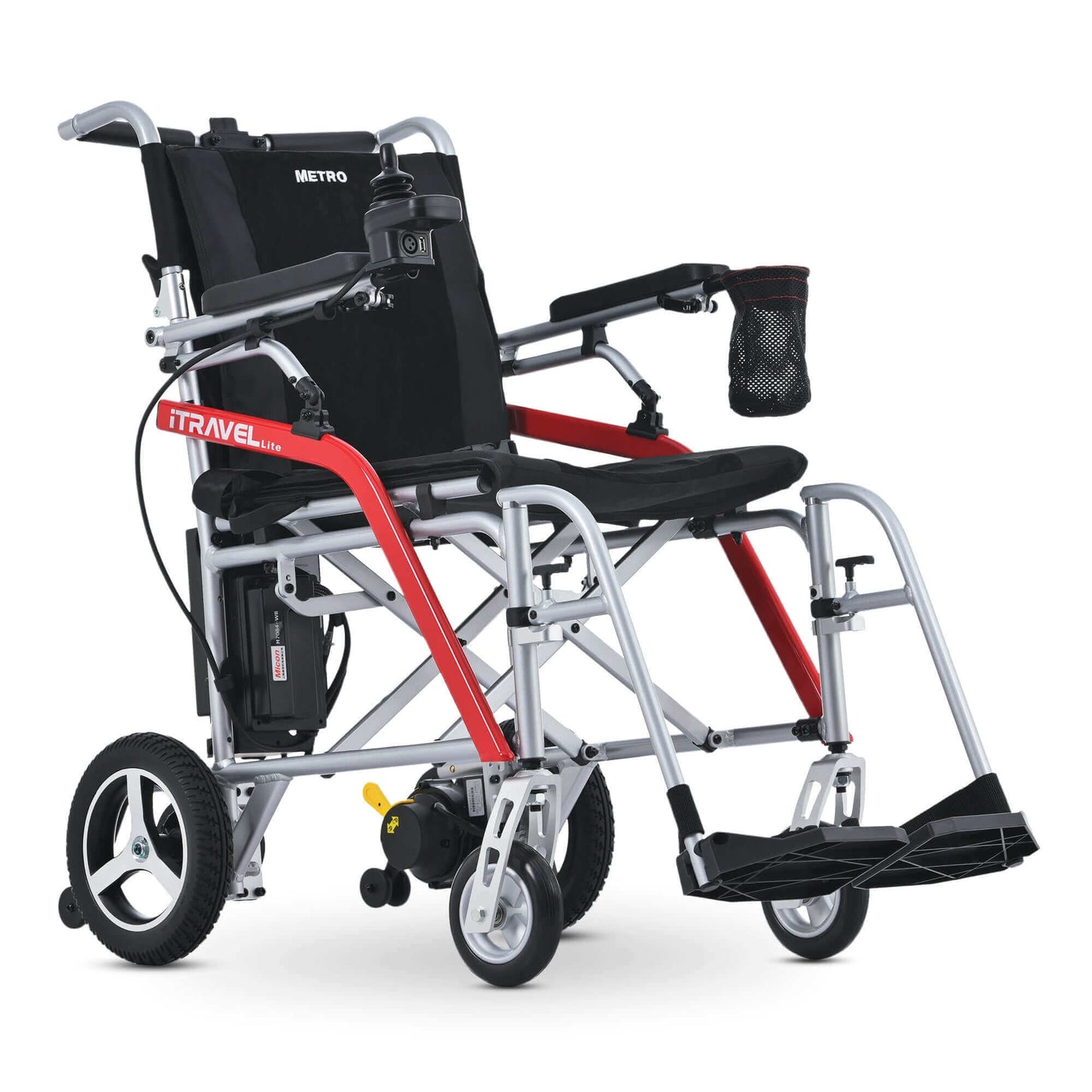 Metro Mobility iTravel Lite Electric Wheelchair - front right side angle view silver