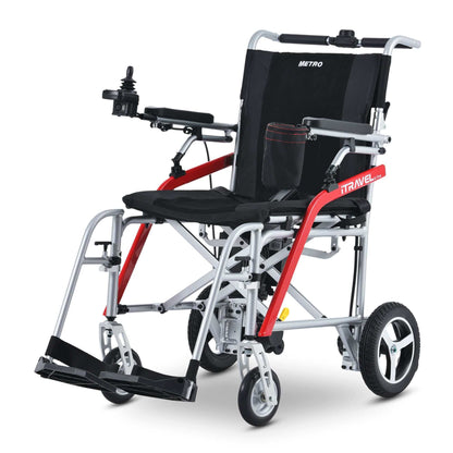 Metro Mobility iTravel Lite Electric Wheelchair - front left side angle view silver