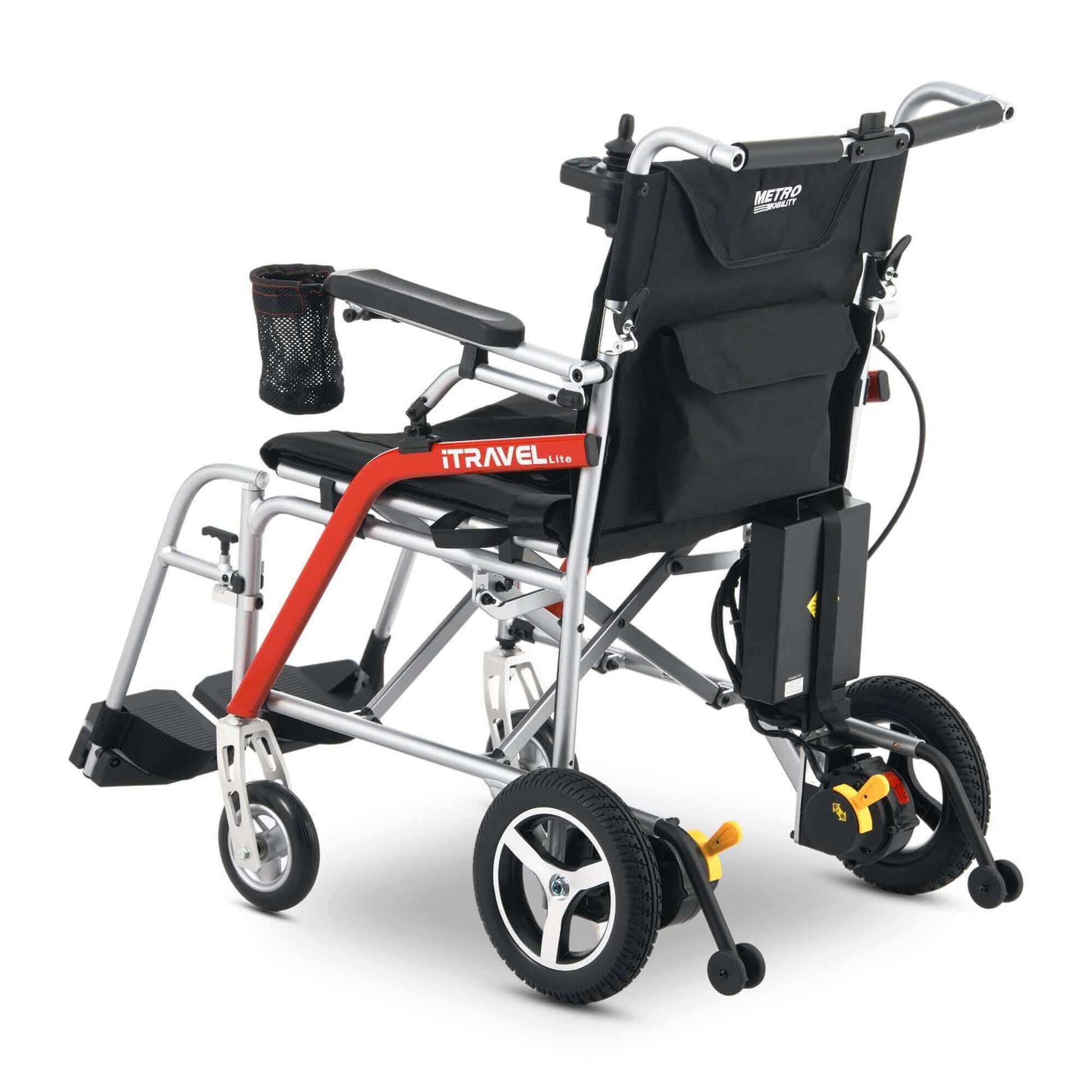 Metro Mobility iTravel Lite Electric Wheelchair - rear left side angle view silver