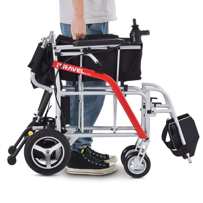 Metro Mobility iTravel Lite Electric Wheelchair - right side folded carry view with model silver