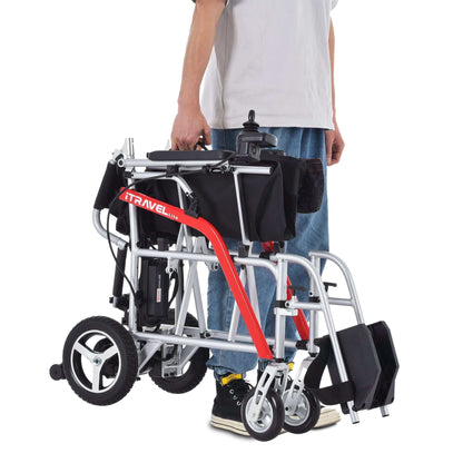 Metro Mobility iTravel Lite Electric Wheelchair - front right angle folded carry view with model