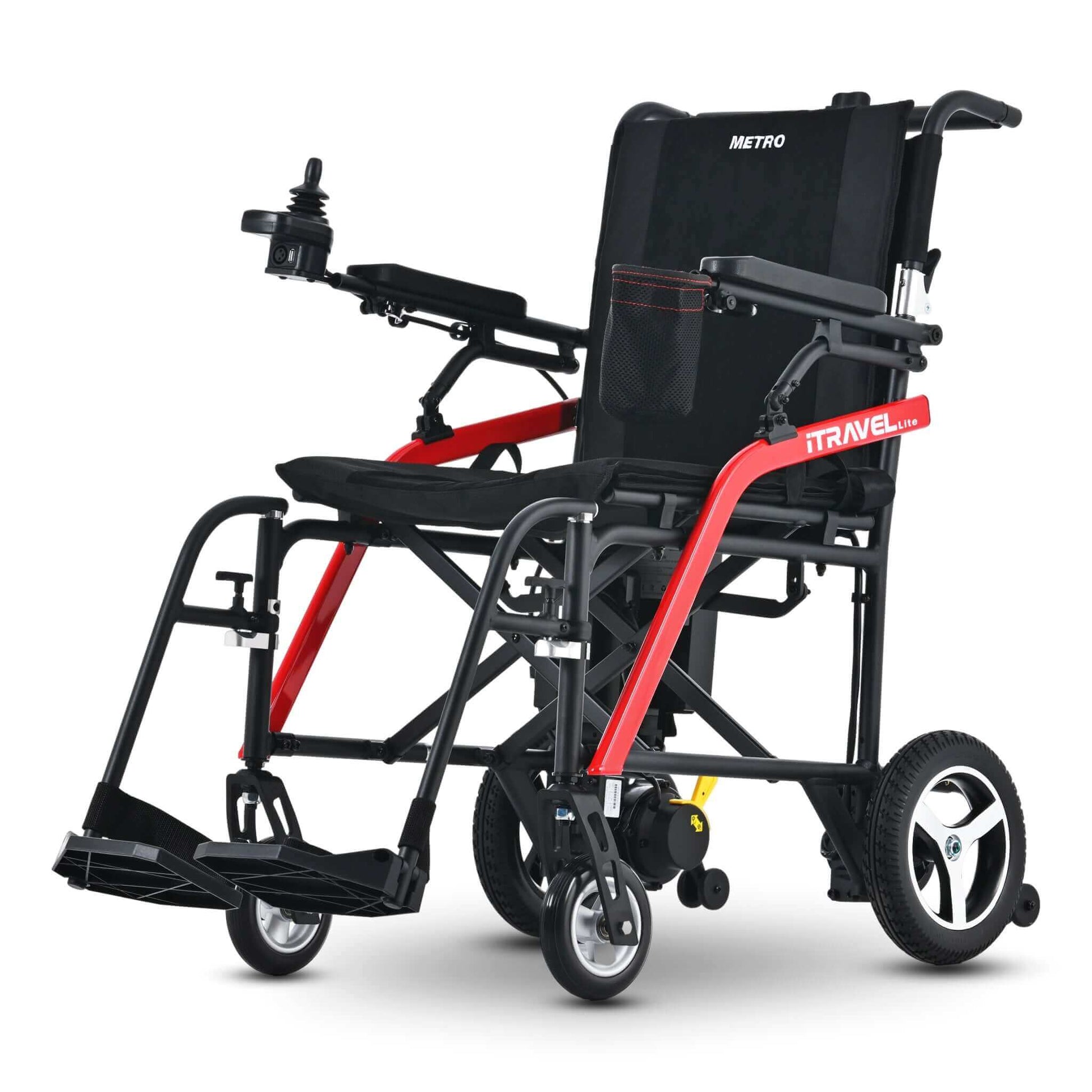 Metro Mobility iTravel Lite Electric Wheelchair - front left side angle view black