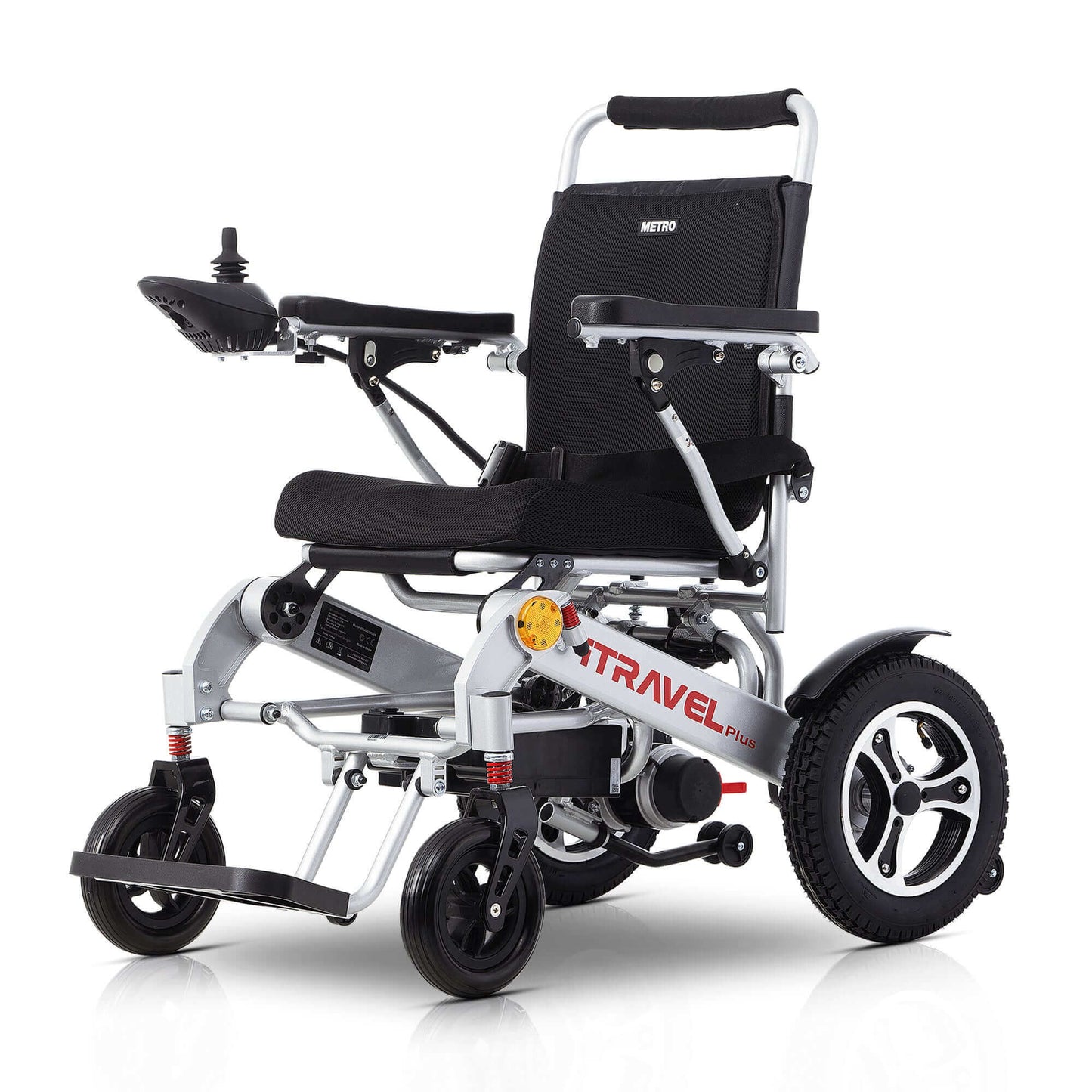 Metro Mobility iTravel Plus Electric Wheelchair - front right side angle view silver