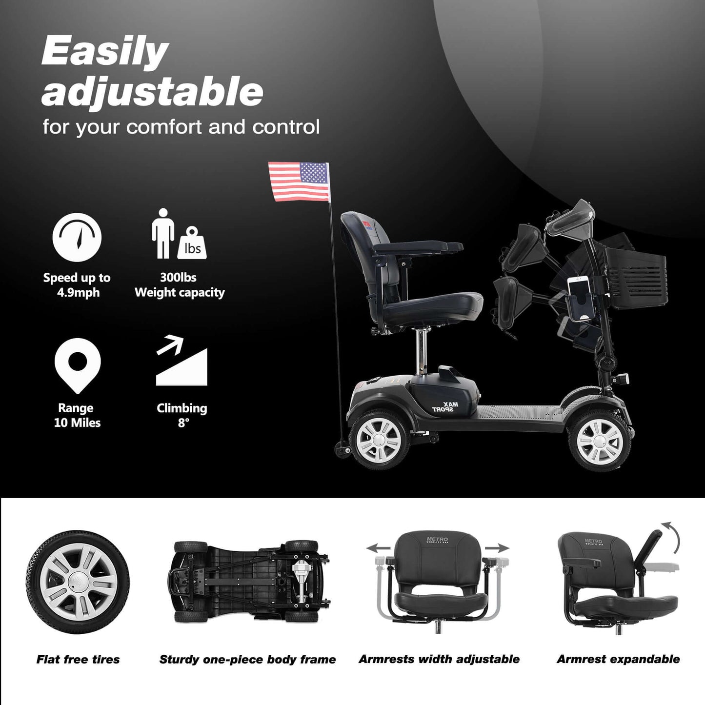 Metro Mobility Max Sport Mobility Scooter - adjustment features brochure