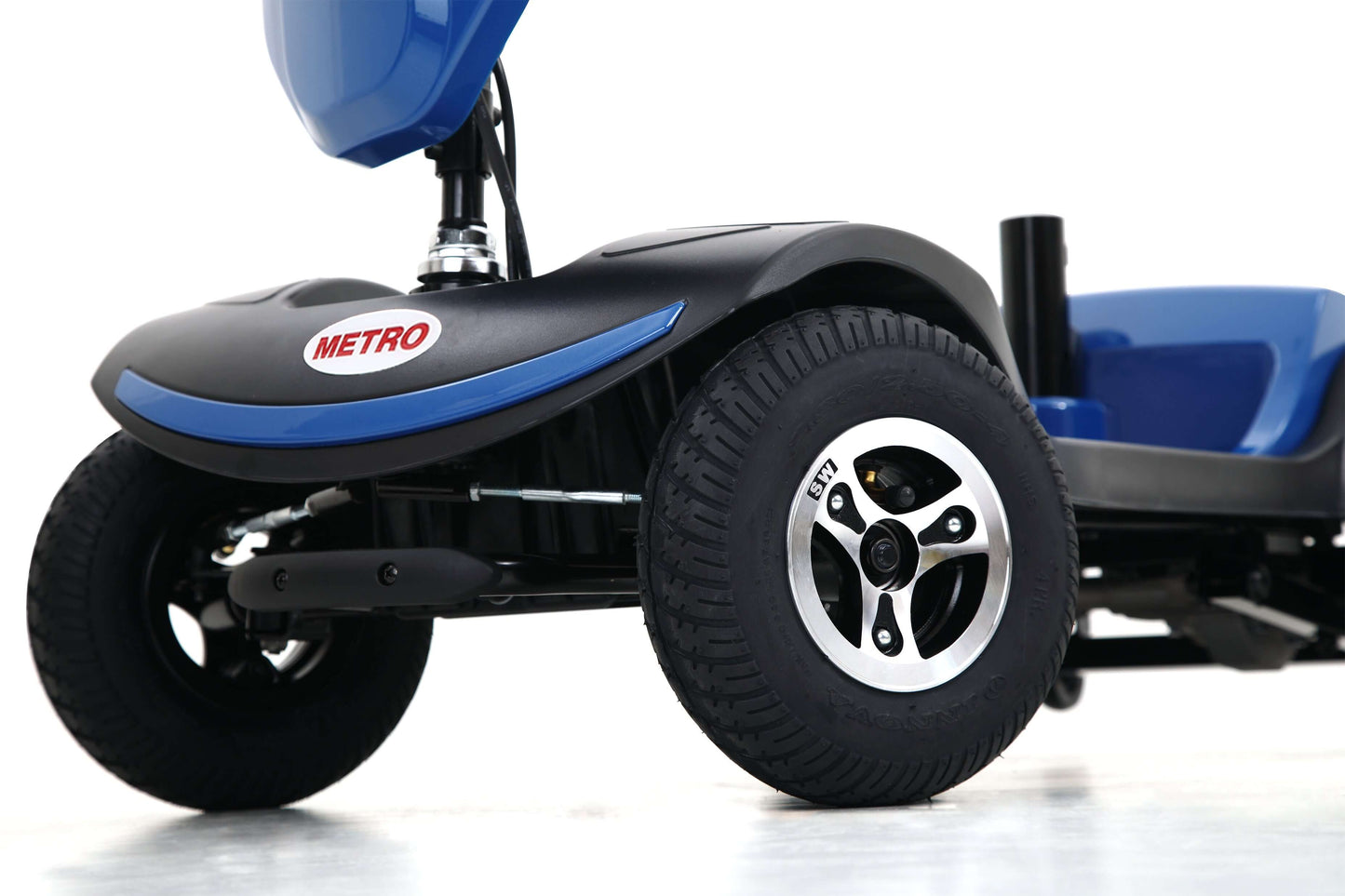 Metro Mobility Patriot Mobility Scooter - front wheels close up view