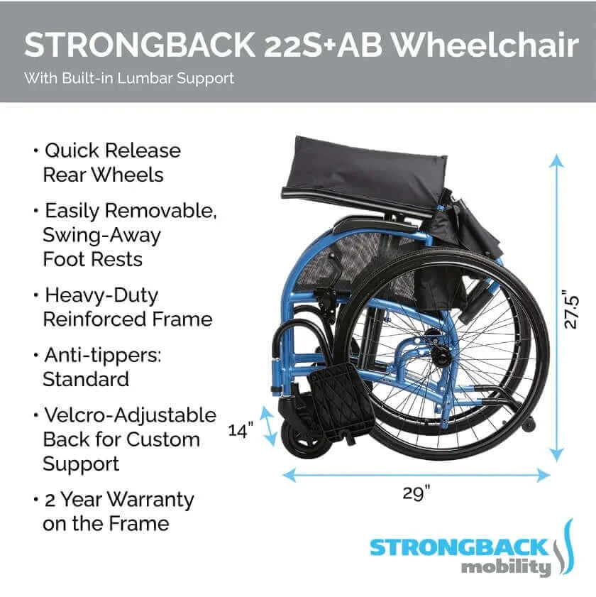 Strongback Mobility Comfort Small 22S+AB (Attendant Brakes) Wheelchair