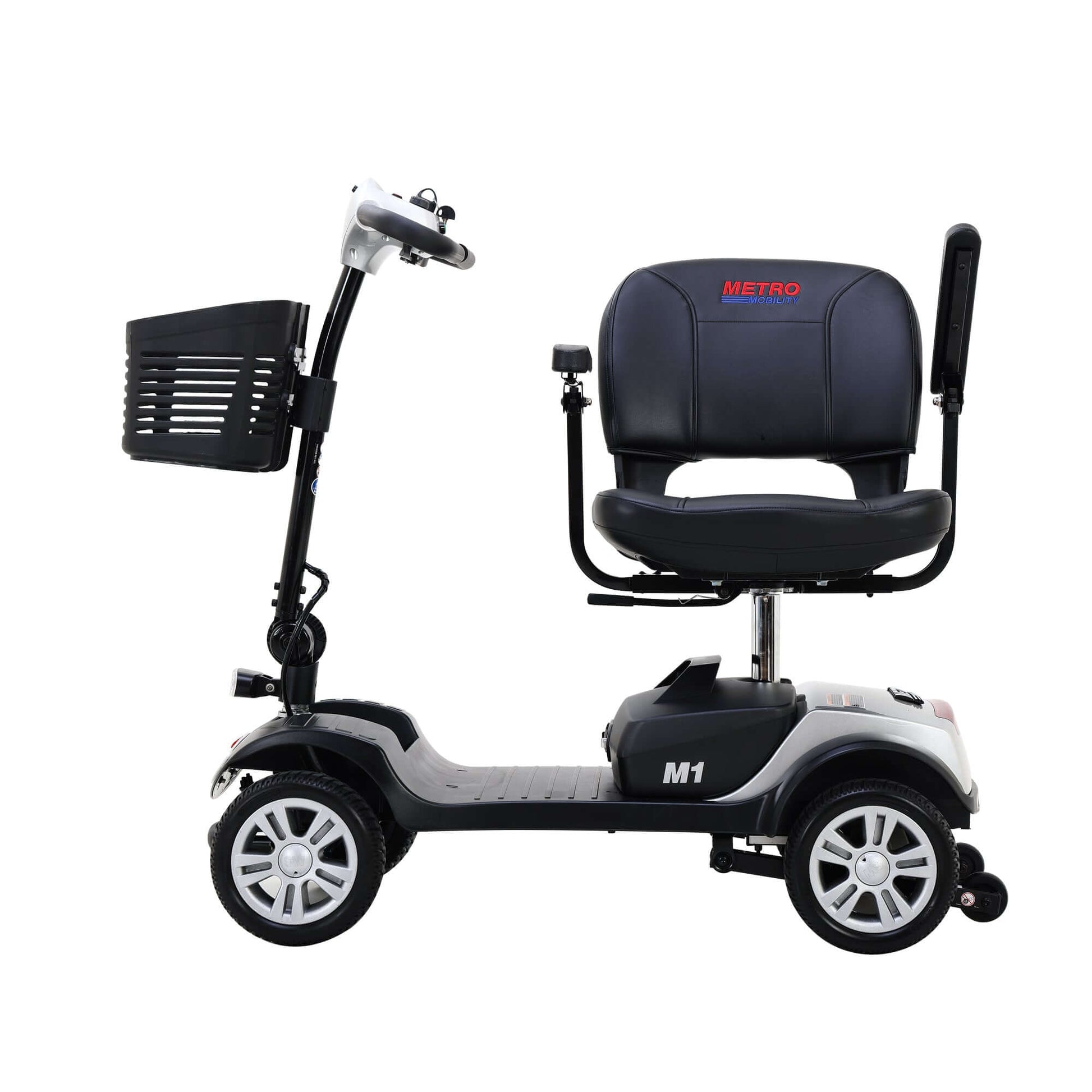 Metro Mobility M1 Mobility Scooter - left side angle armrest lifted seat turned view