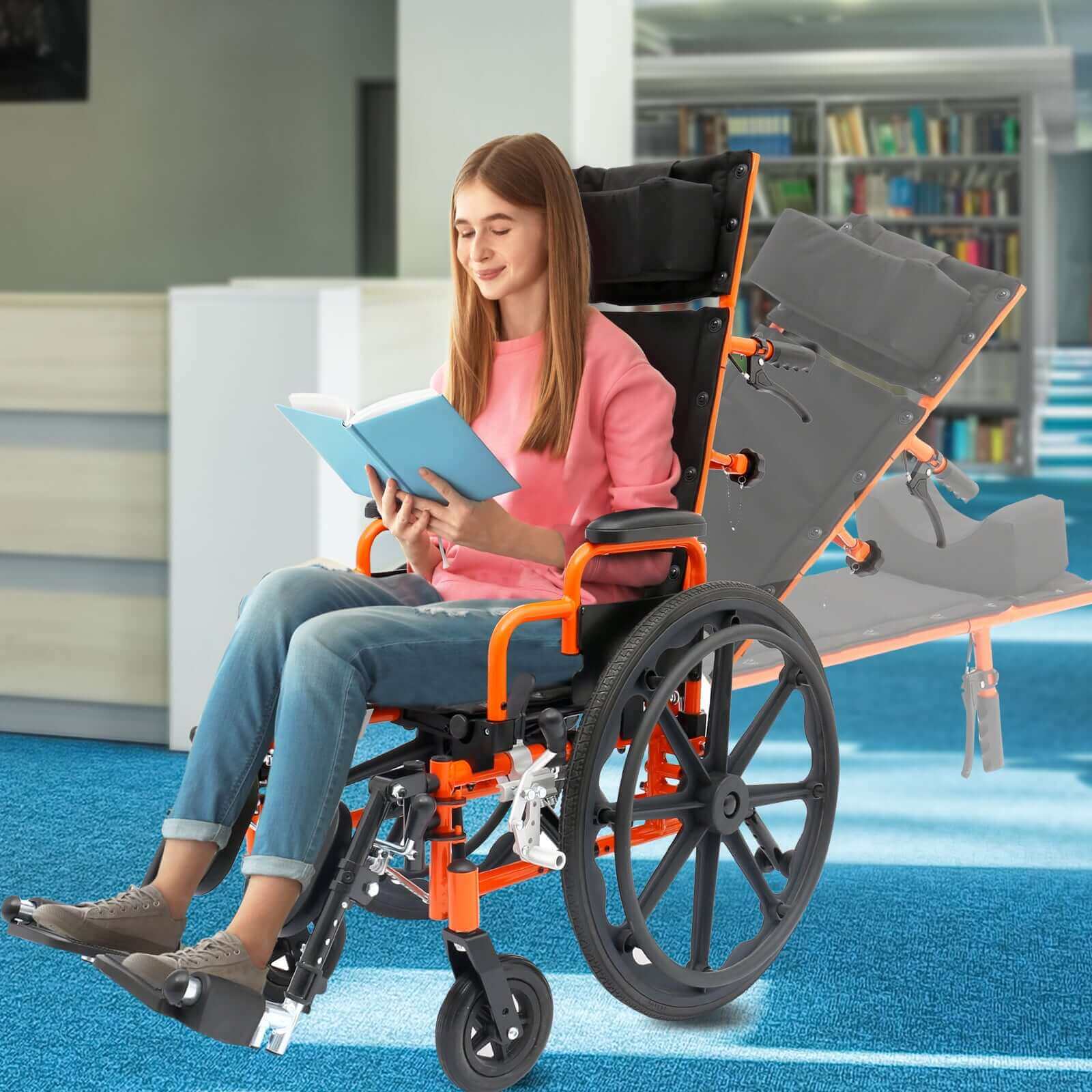 Circle Specialty Ziggo Pro ZREC1200 Wheelchair - reclining function front left side angle view with model