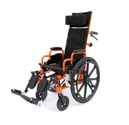 A pediatric wheelchair with an orange frame and black wheels, that can recline, providing mobility assistance for individuals.